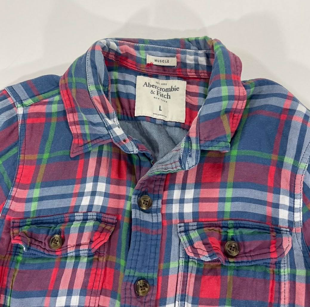 Y2K ABERCROMBIE & FITCH RED+BLUE PLAID BUTTON UP SHIRT (M)