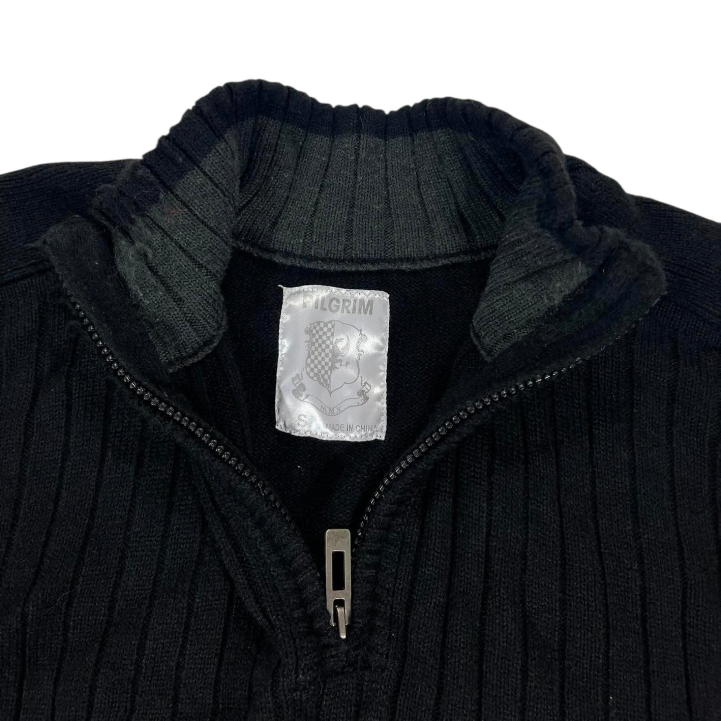 PILGRIM BLACK QUARTER ZIP SWEATER WITH RIBBED COLLAR AND CUFFS (S-M)