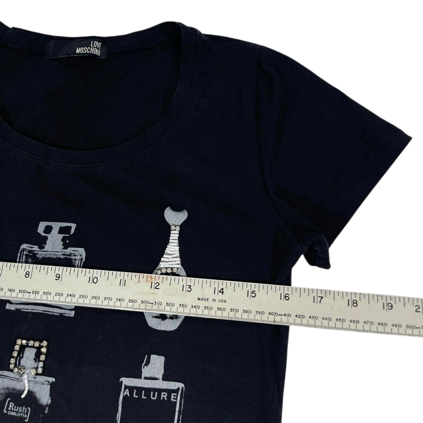 MOSCHINO BLACK PERFUME BOTTLE PRINT T-SHIRT (S-M)