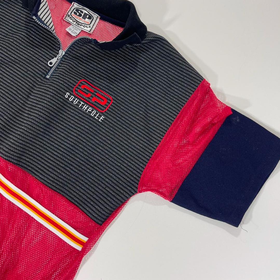 VINTAGE SOUTHPOLE RED& BLACK MESH QUARTER ZIP (L)