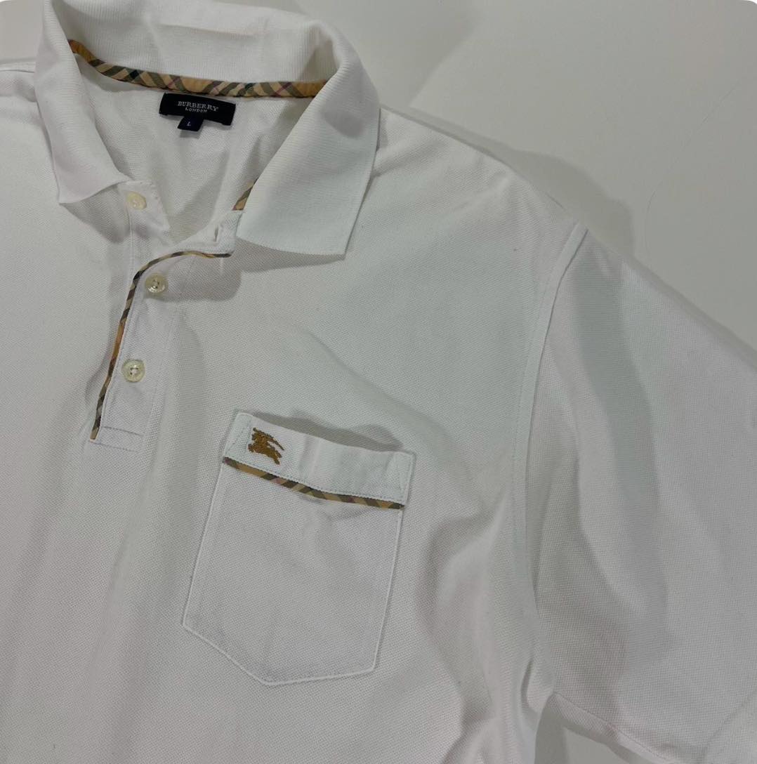 BURBERRY WHITE POLO SHIRT WITH CHECKERED COLLAR AND POCKET (L)