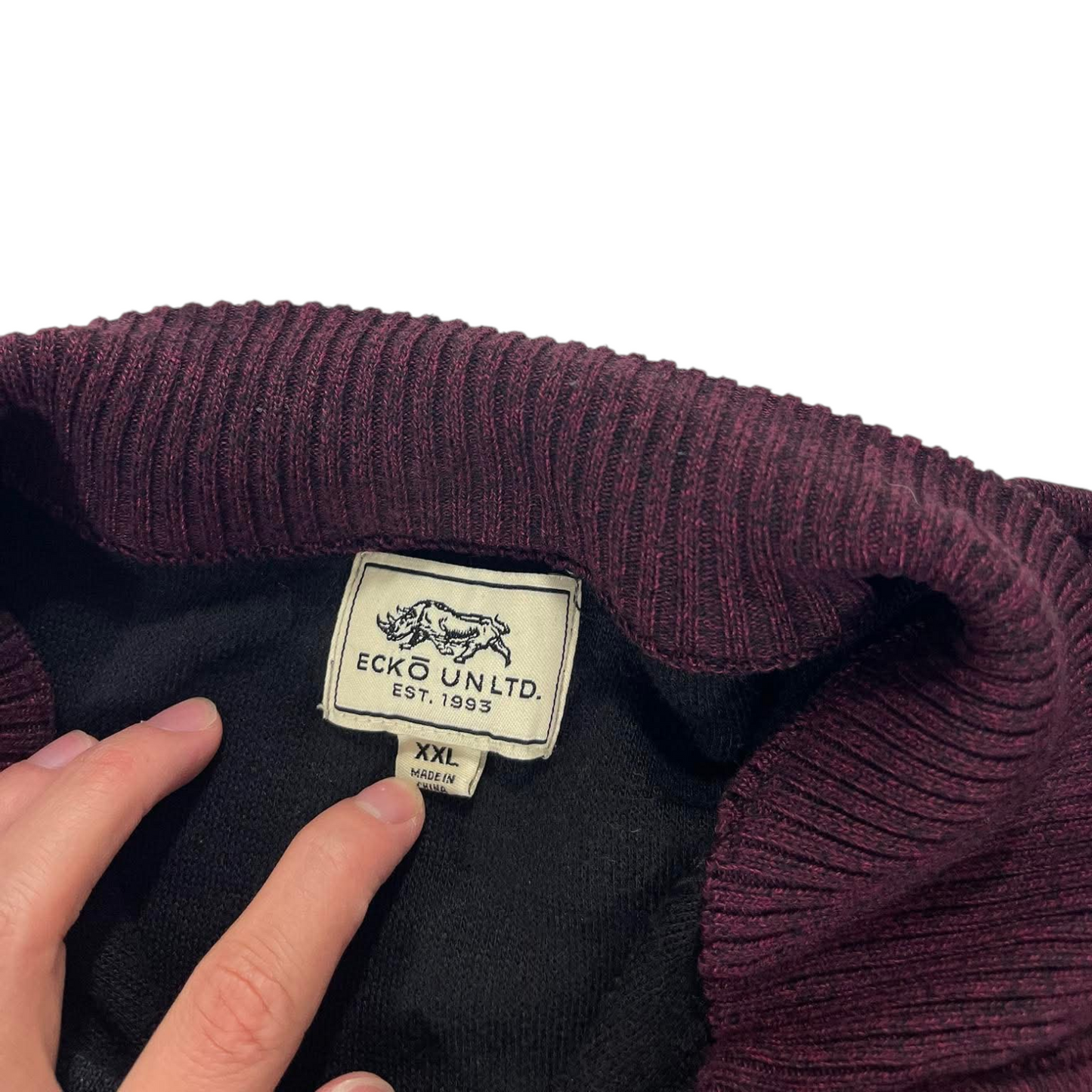VINTAGE ECKO BURGUNDY STRIPES QUARTER ZIP SWEATER (L)