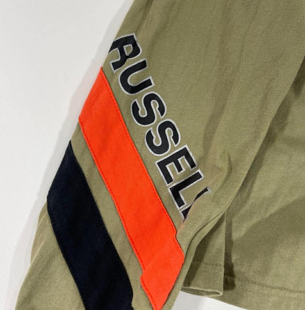 VINTAGE RUSSELL ATHLETIC KHAKI LONGSLEEVED SHIRT WITH BOLD LOGO (L-XL)