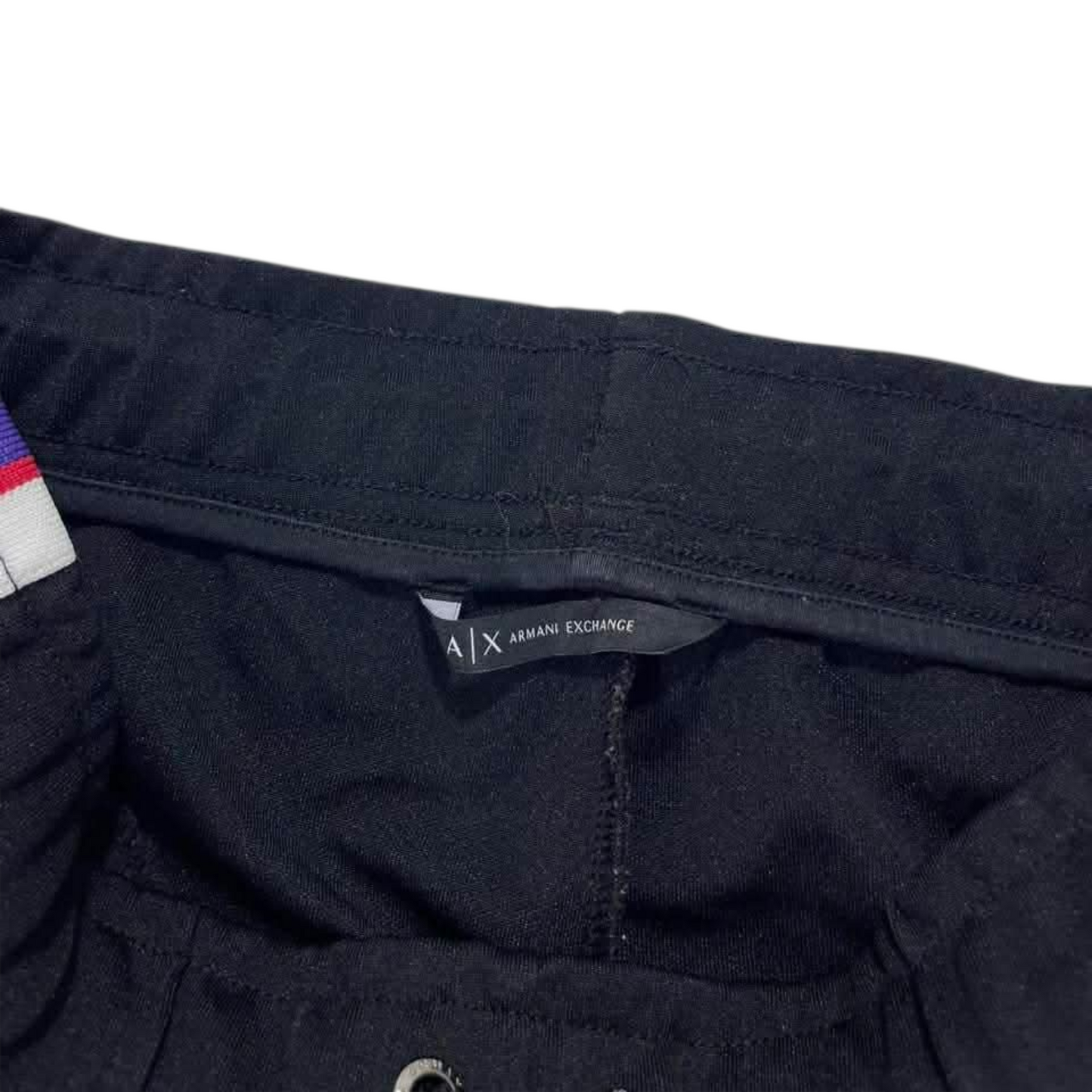 ARMANI EXCHANGE NAVY TRACK PANTS WITH PINK AND PURPLE STRIPES (M)