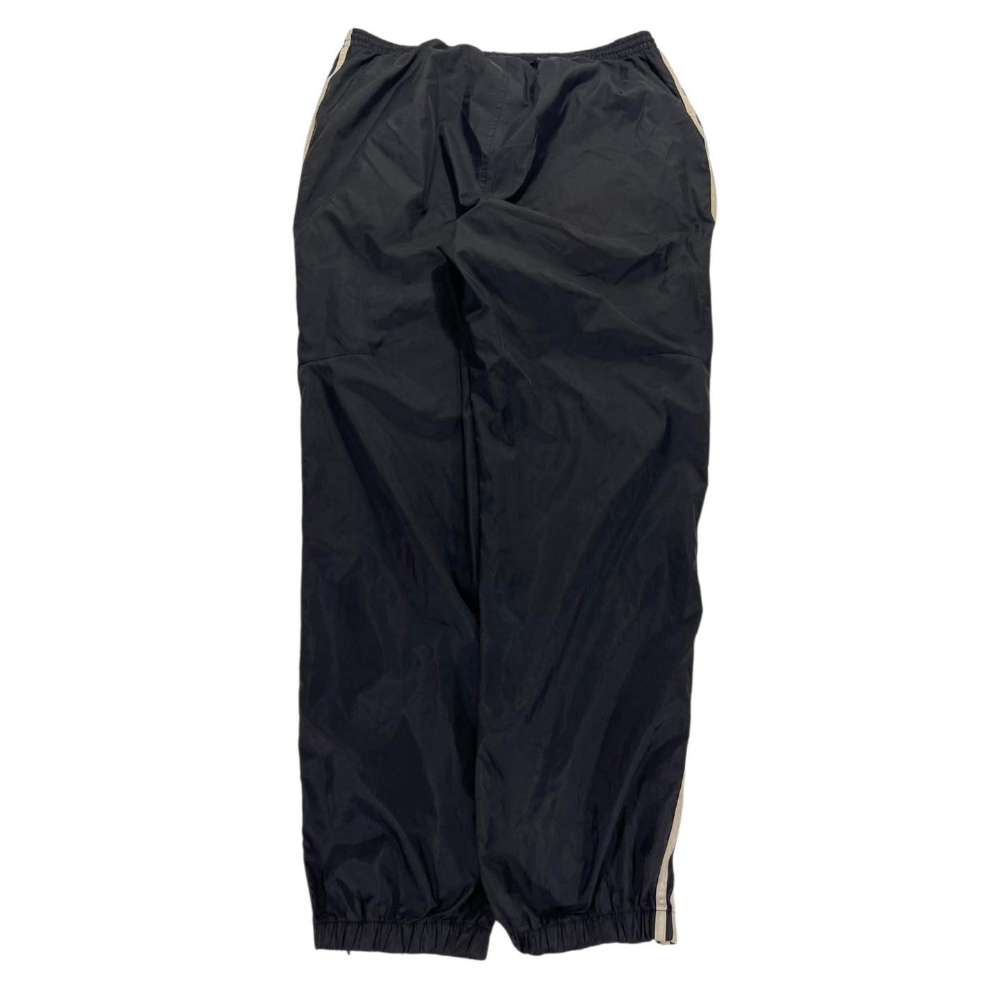 VINTAGE LIGHTWEIGHT ADIDAS BLACK TRACK PANTS WITH WHITE STRIPES (XL)