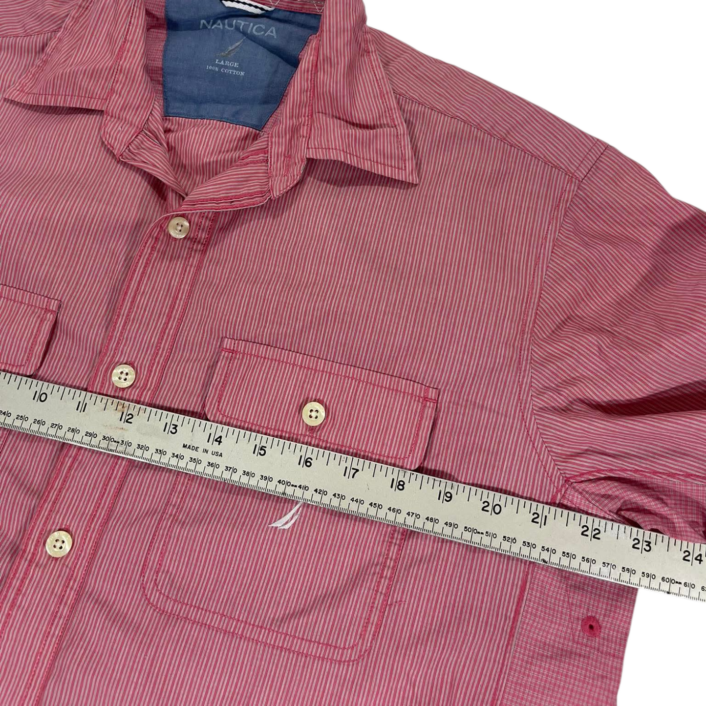 VINTAGE NAUTICA RED STRIPED BUTTON UP SHIRT (L)