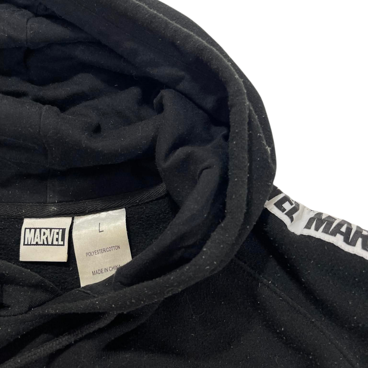 VINTAGE MARVEL BLACK HOODIE WITH RED LOGO AND WHITE TEXT ON SLEEVES (L)