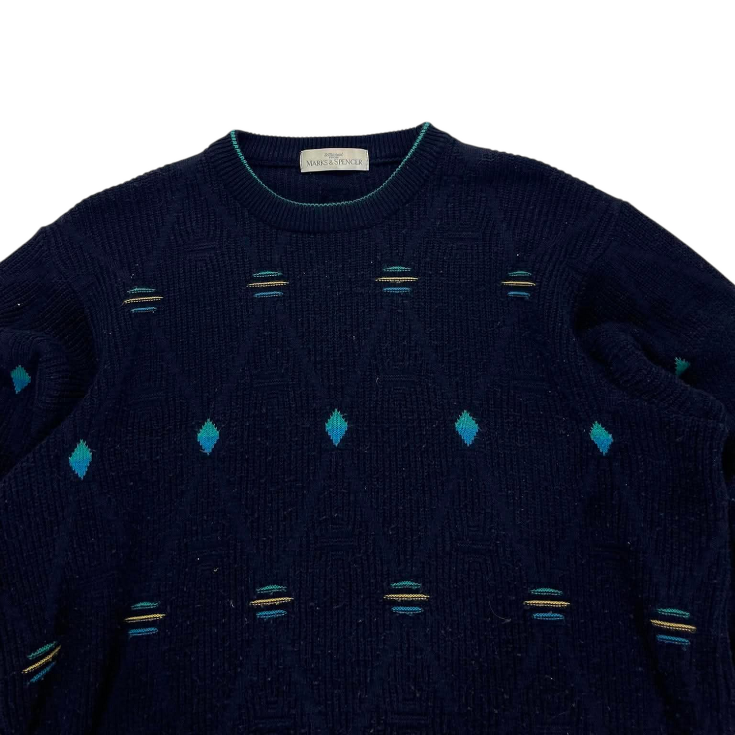 NAVY BLUE MARKS & SPENCER KNITTED SWEATER GREEN AND YELLOW DETAILS (M)