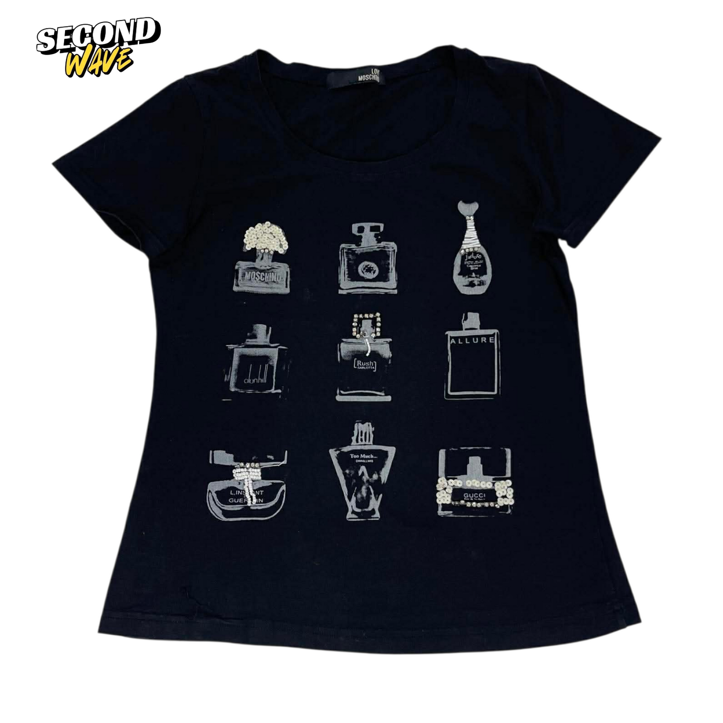 MOSCHINO BLACK PERFUME BOTTLE PRINT T-SHIRT (S-M)