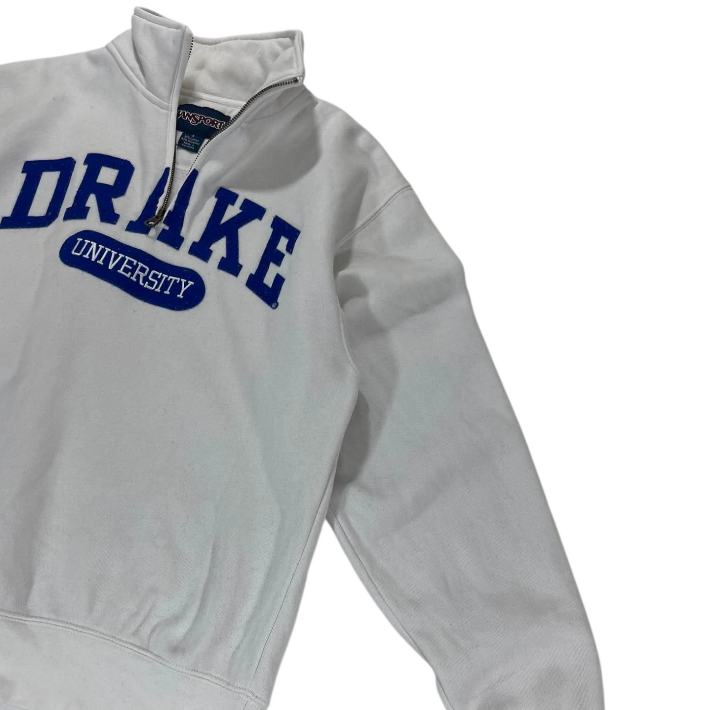 VINTAGE EMBROIDERED DRAKE UNIVERSITY GREY QUARTER ZIP SWEATSHIRT (S-M)
