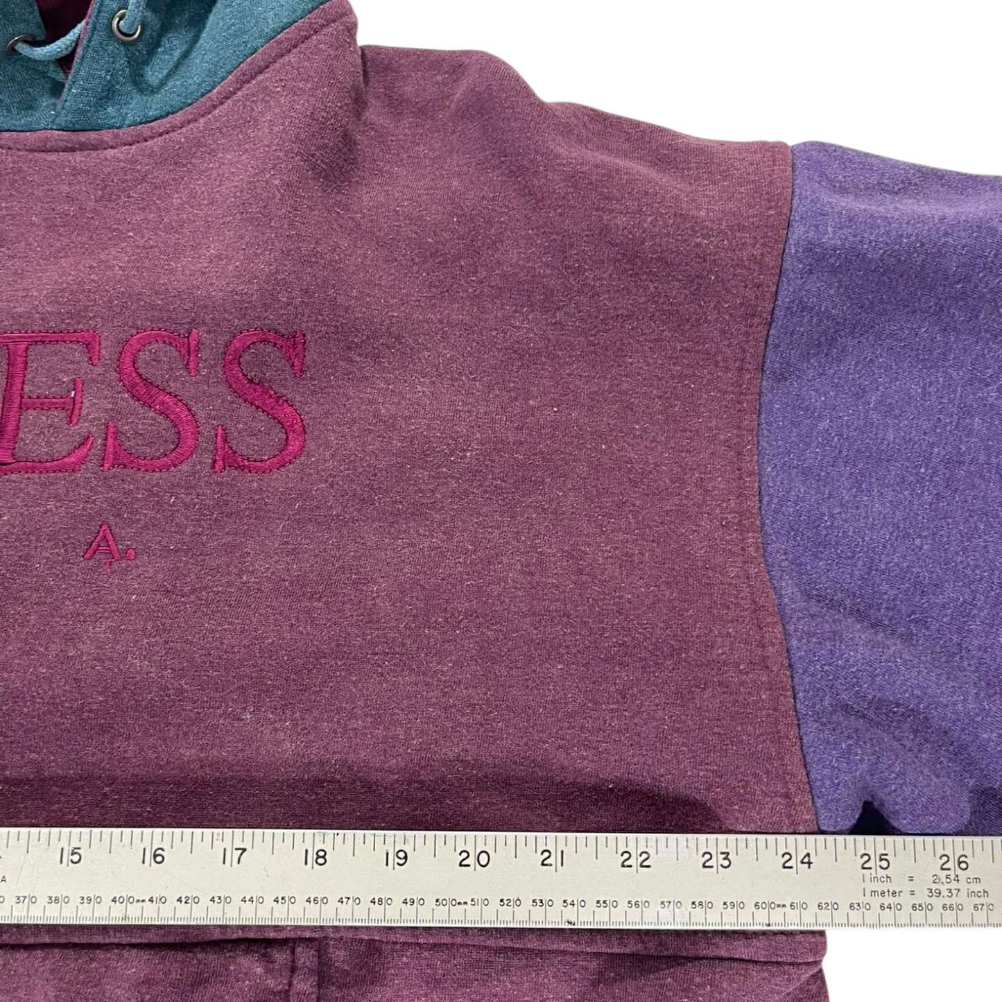 VINTAGE MULTI COLOURED GUESS USA HOODIE WITH EMBROIDERED LOGO(L-XL)