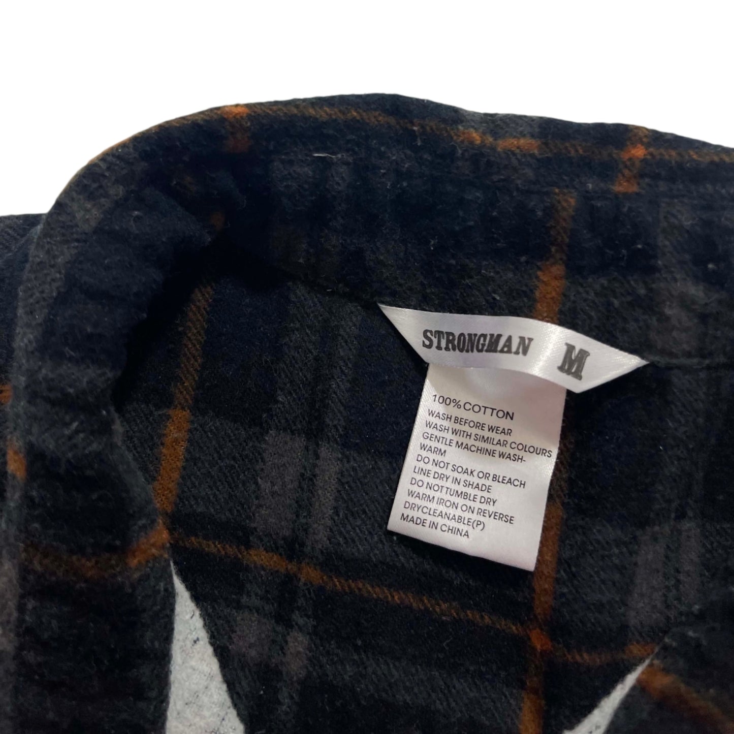 100% COTTON STRONGMAN BLACK PLAID BUTTON UP (M-L)