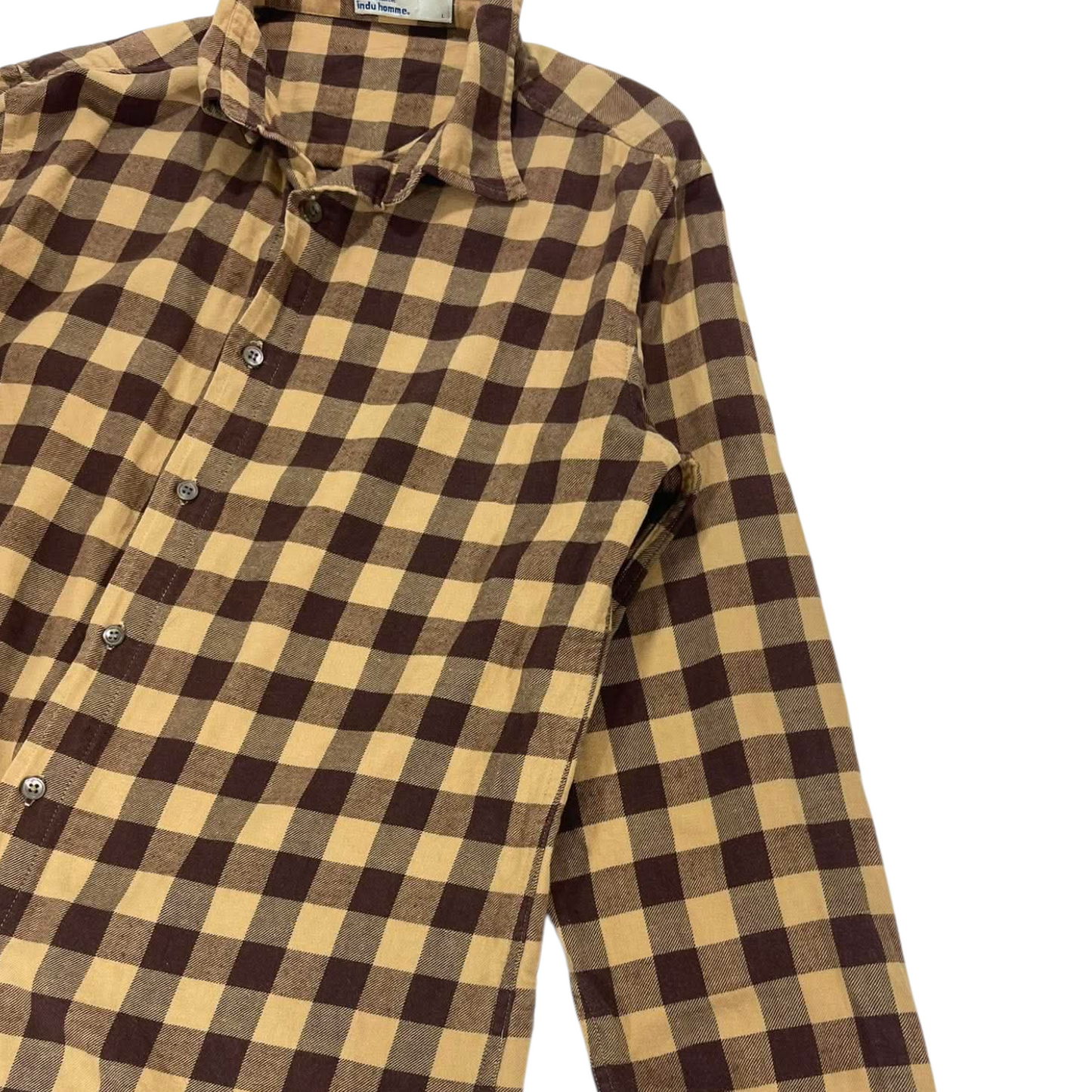 INDU HOMMW BROWN & TAN CHECKERED BUTTON - UP SHIRT (L)