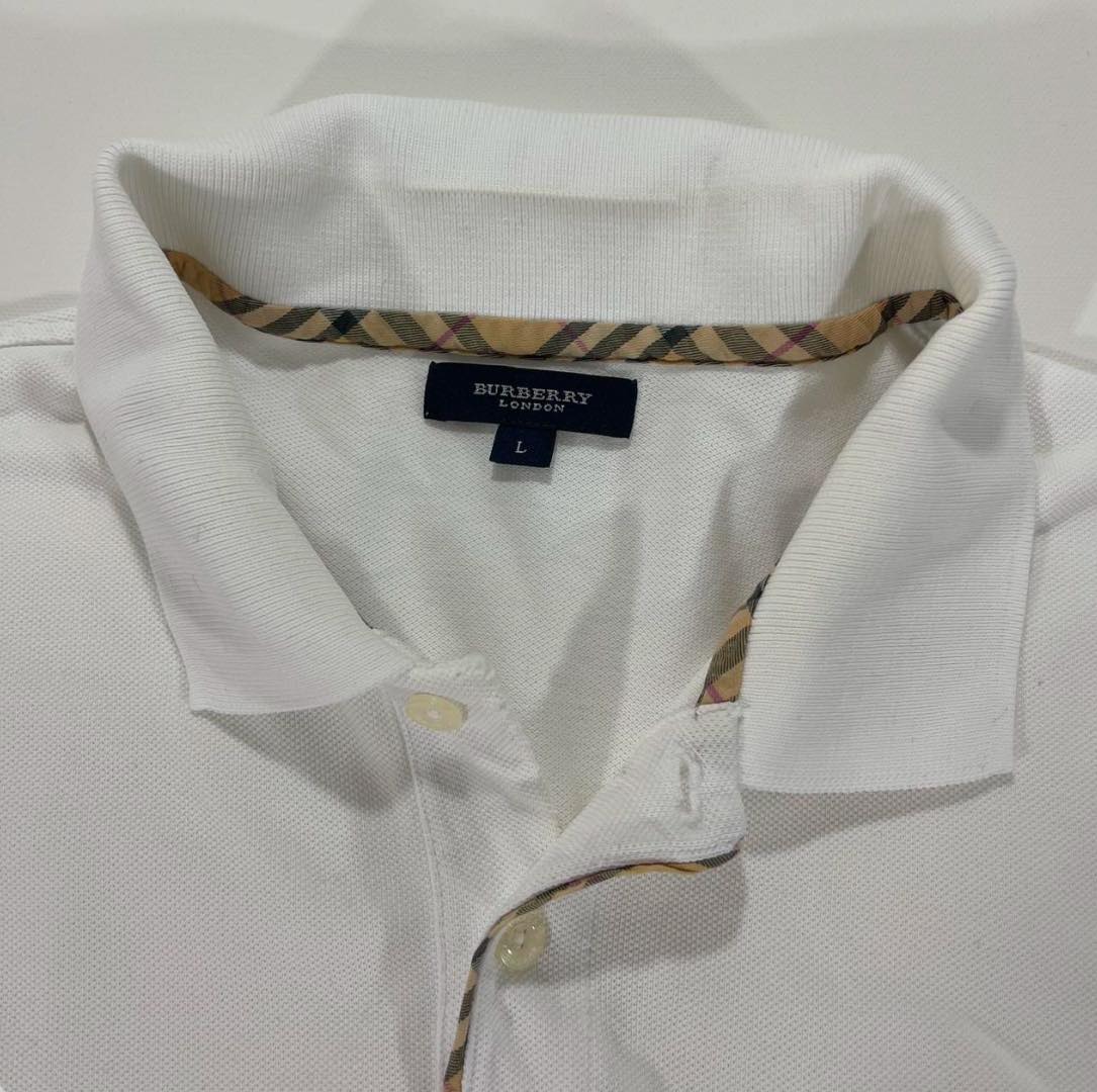 BURBERRY WHITE POLO SHIRT WITH CHECKERED COLLAR AND POCKET (L)