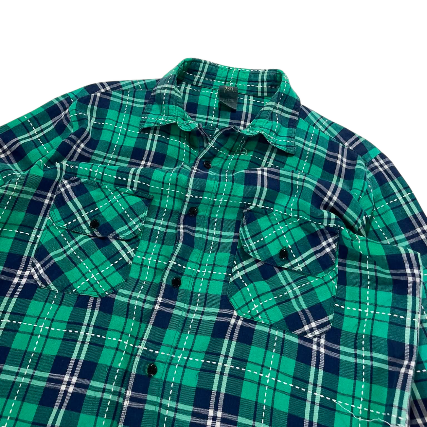VINTAGE GREEN AND BLUE PLAID FLANNEL (L)