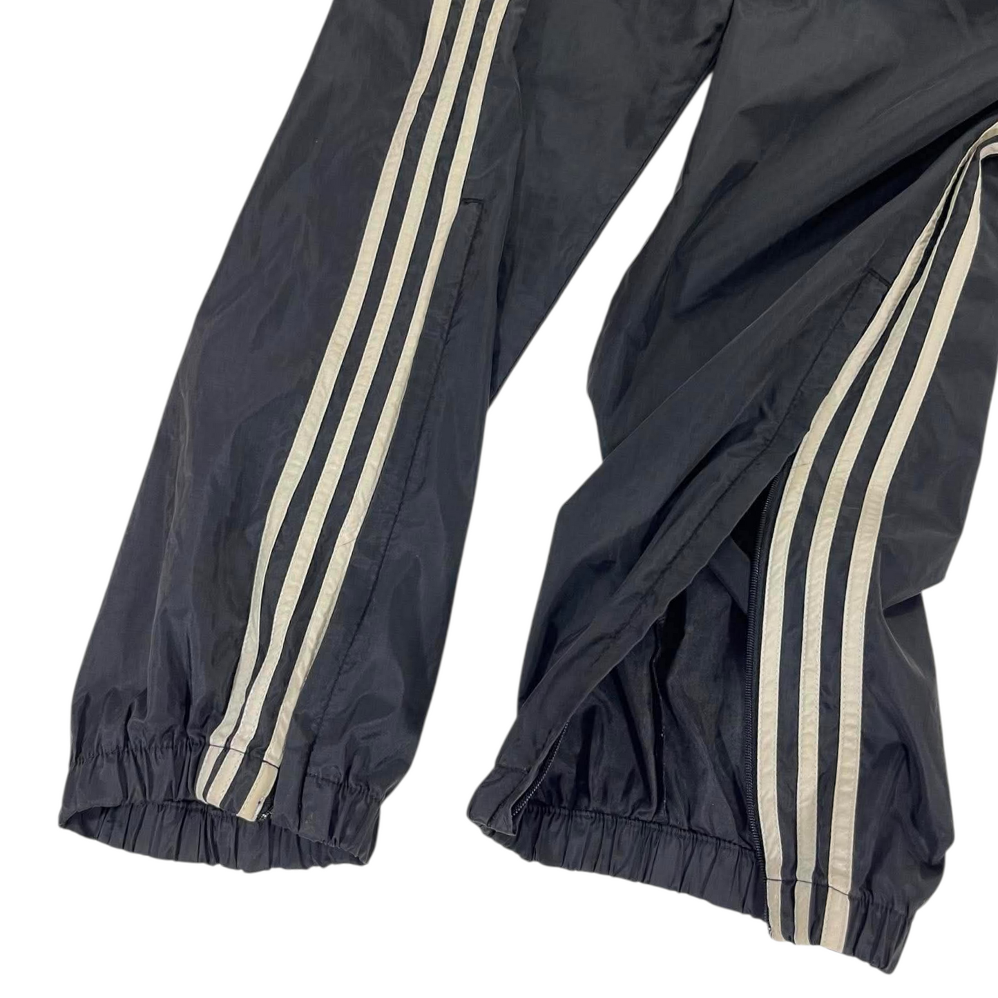 VINTAGE LIGHTWEIGHT ADIDAS BLACK TRACK PANTS WITH WHITE STRIPES (XL)
