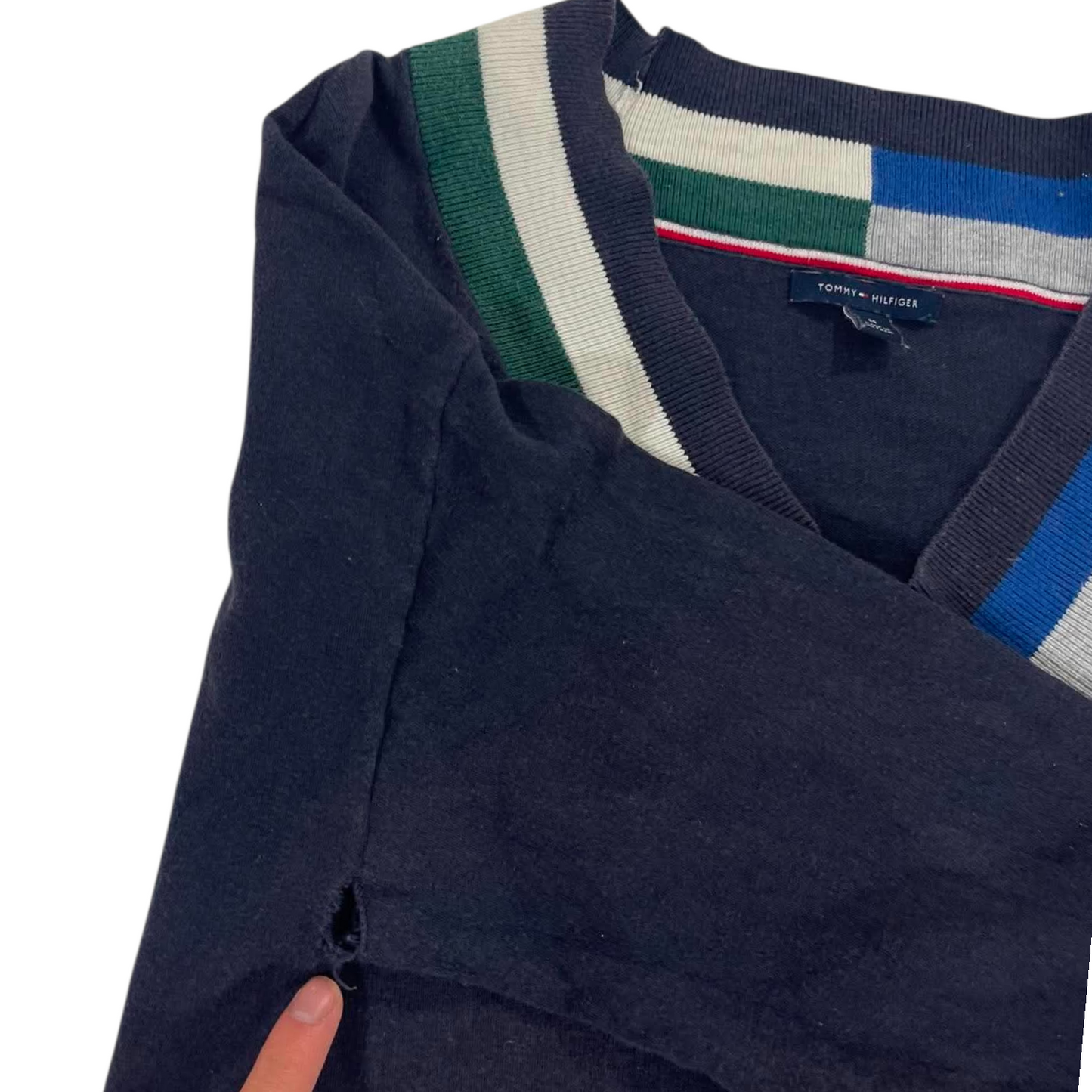 TOMMY HILFIGER NAVY BLUE STRIPED V-NECK SWEATER (M)