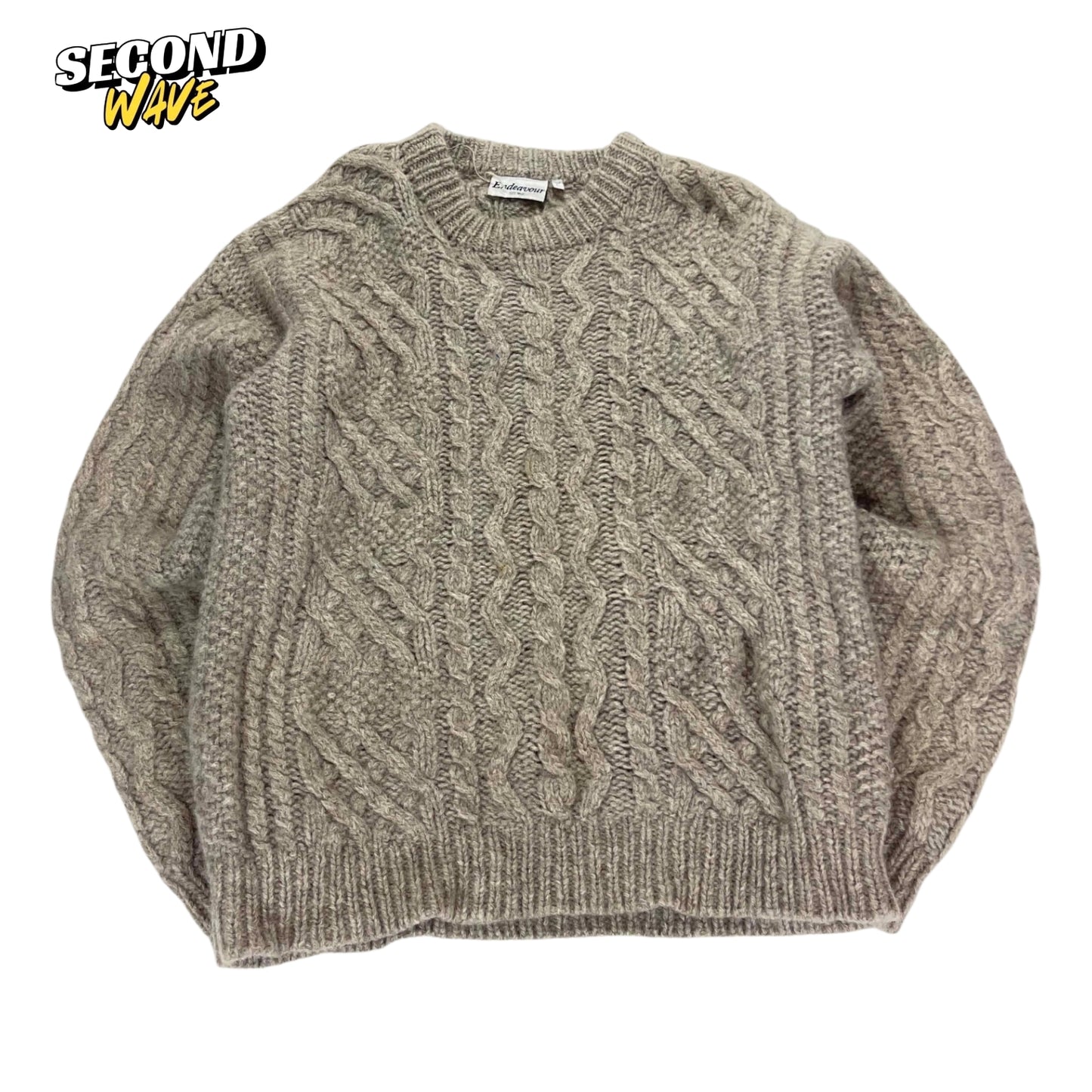 100% WOOL 90S BROWN CABLE KNIT SWEATER (L)