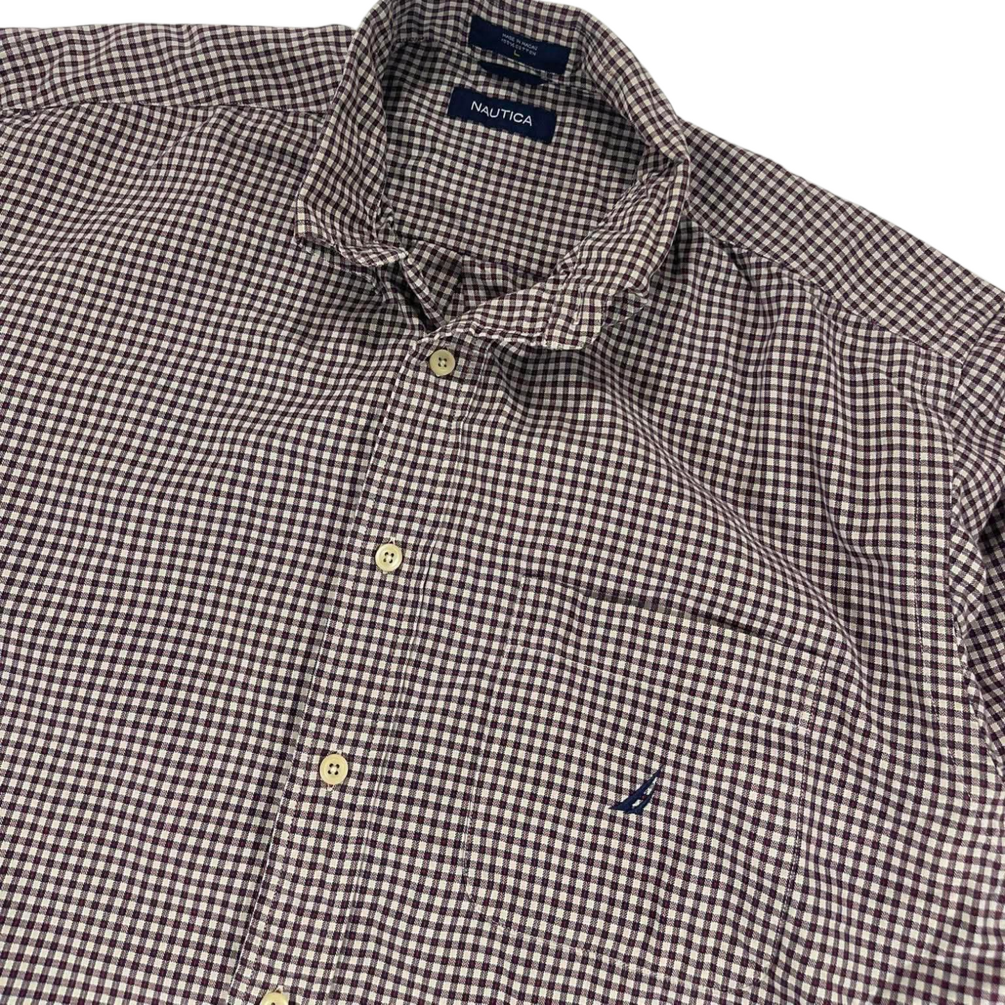 NAUTICA BROWN GINGHAM BUTTON DOWN SHIRT (L)