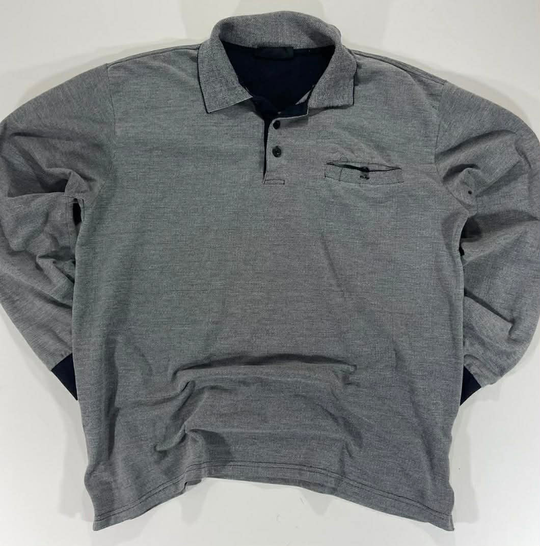 VINTAGE CHISEL GREY LONG SLEEVED POLO SHIRT WITH CONTRAST COLLAR AND CUFFS (L)