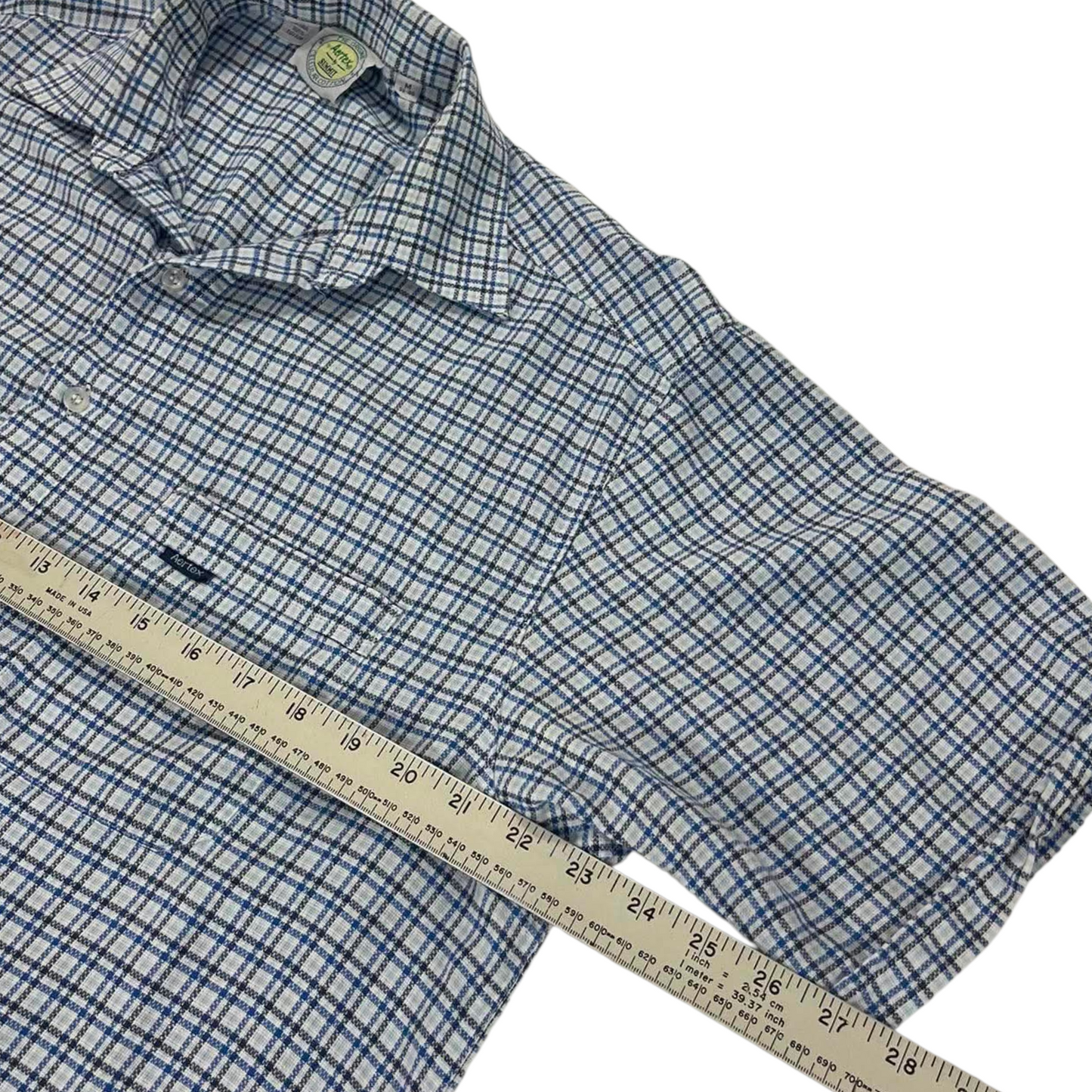 AERTEX BLUE & WHITE PLAID COTTON BUTTON (M)