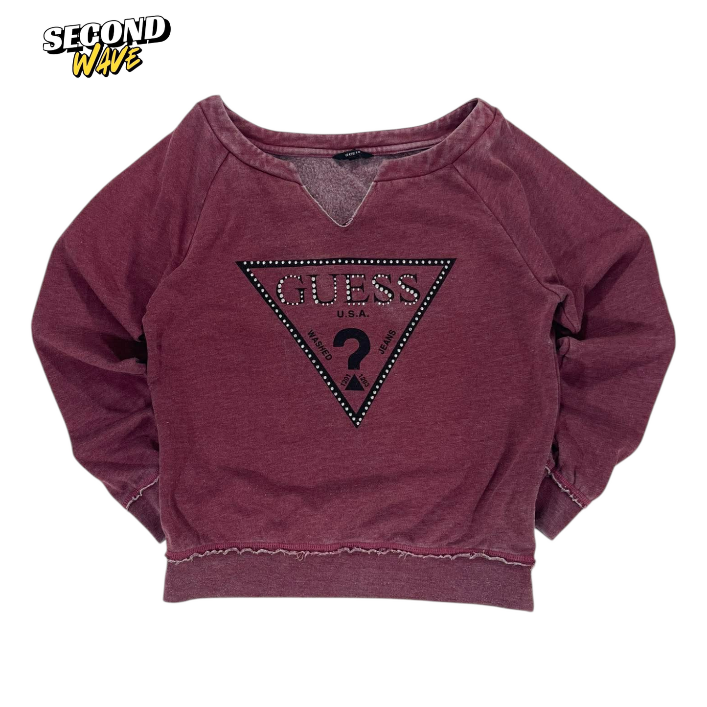 VINTAGE GUESS BURGUNDY LONG SLEEVE TOP WITH RHINESTONE LOGO (M)