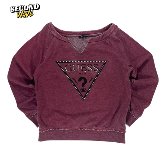 VINTAGE GUESS BURGUNDY LONG SLEEVE TOP WITH RHINESTONE LOGO (M)