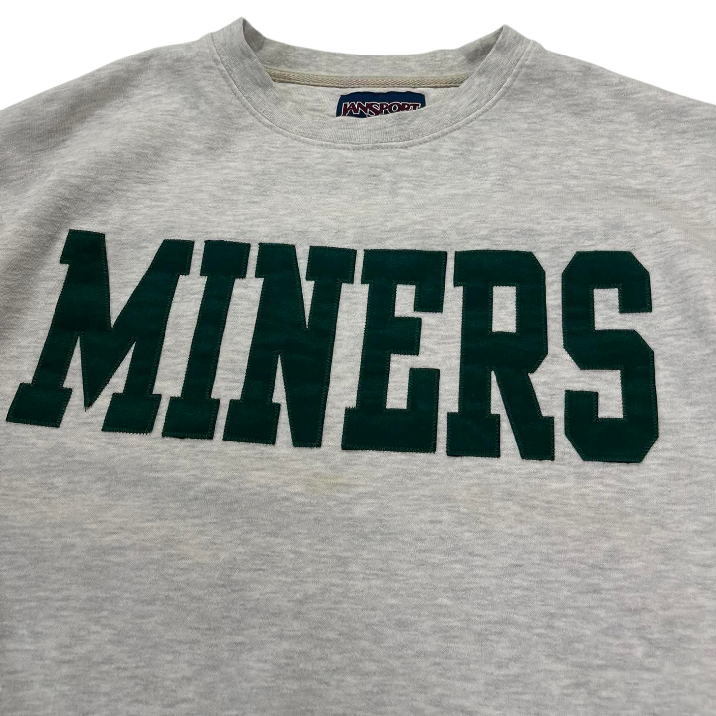 90S GREY AND GREEN EMBROIDERED JANSPORT MINERS CREWNECK (M)