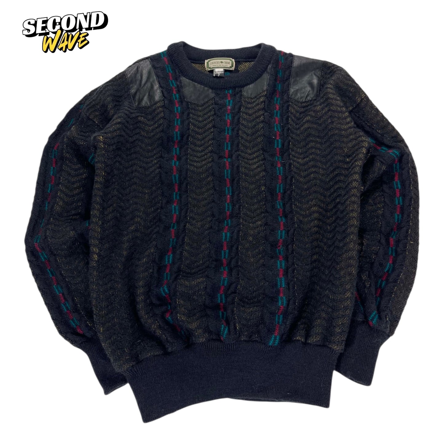 90S COUNTRY THEME PURE WOOL BLACK KNIT SWEATER (M)