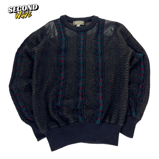 90S COUNTRY THEME PURE WOOL BLACK KNIT SWEATER (M)