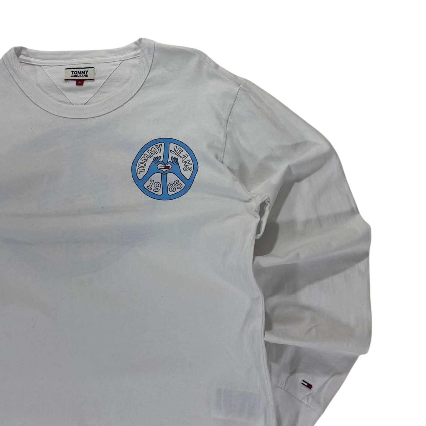 TOMMY HILFIGER WHITE LONG SLEEVE SHIRT WITH BLUE PEACE SIGN DESIGN (L-Womens)