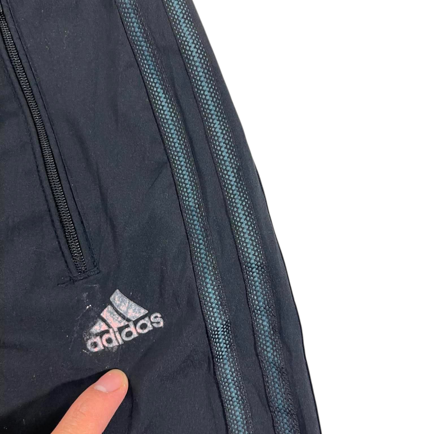 ADIDAS BLACK TRACK PANTS WITH WHITE STRIPES (L)