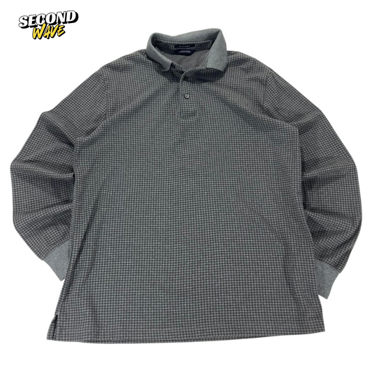LANDS 'END GREY HOUNDSTOOTH LONG SLEEVE POLO SHIRT (M)
