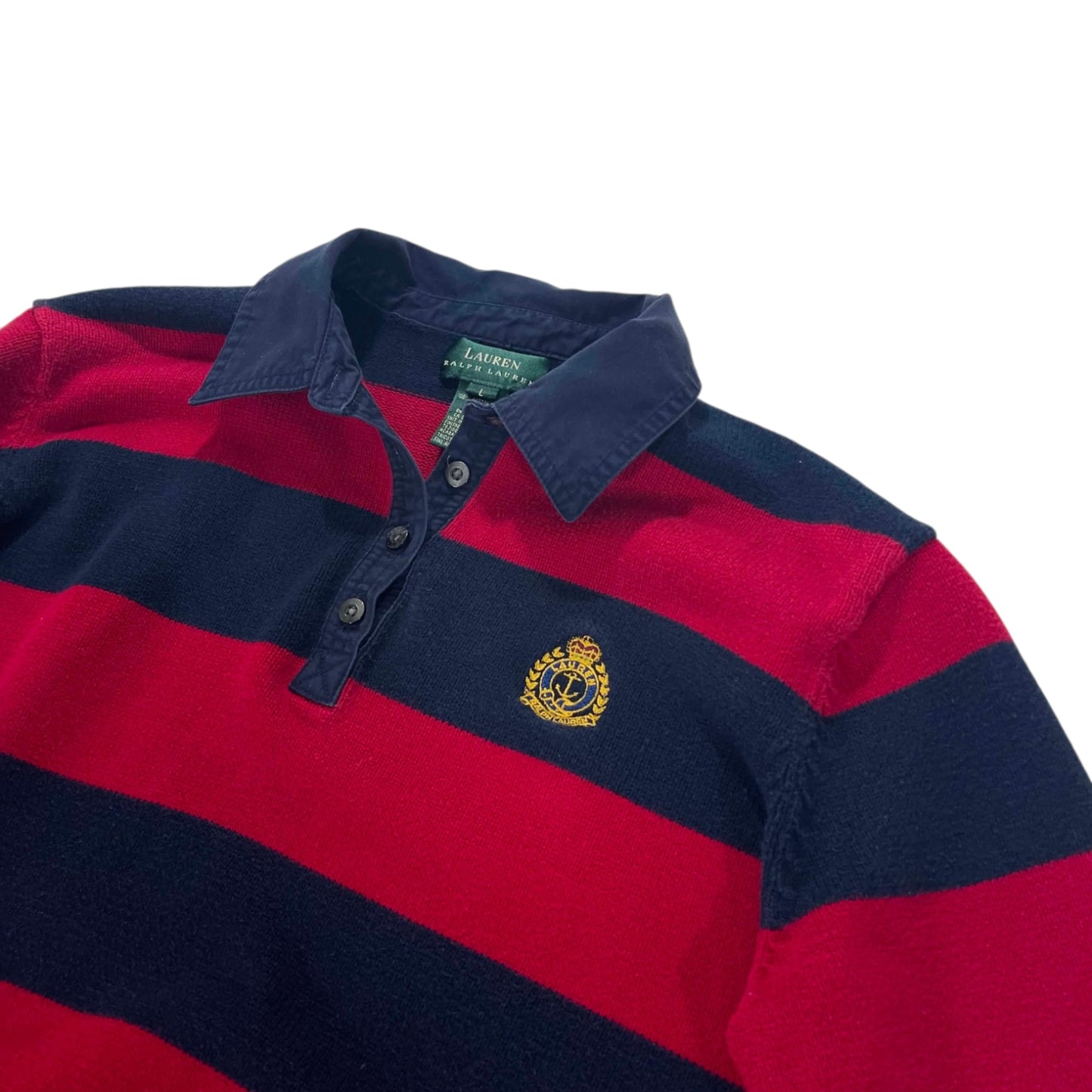 100% COTTON VINTAGE RALPH LAUREN RED AND NAVY SRRIPED RUGBY SHIRT (M)