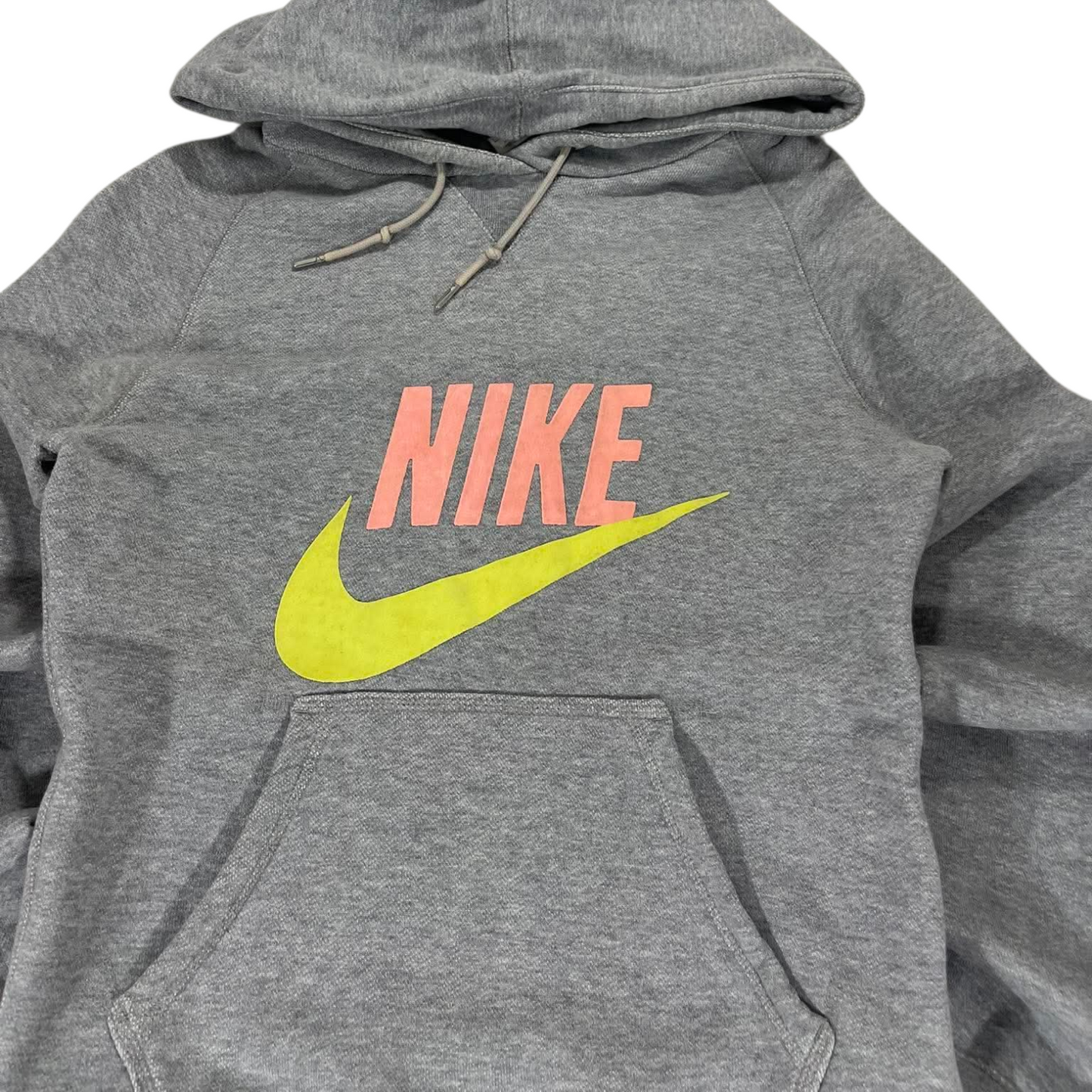 VINTAGE NIKE GREY HOODIE WITH PINK AND YELLOW LOGO (L)