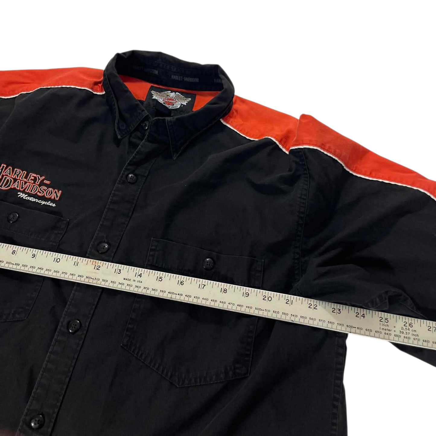HARLEY DAVIDSON BLACK & ORANGE BUTTON-UP (L)