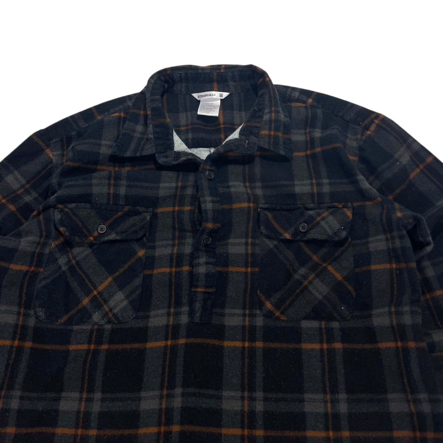 100% COTTON STRONGMAN BLACK PLAID BUTTON UP (M-L)