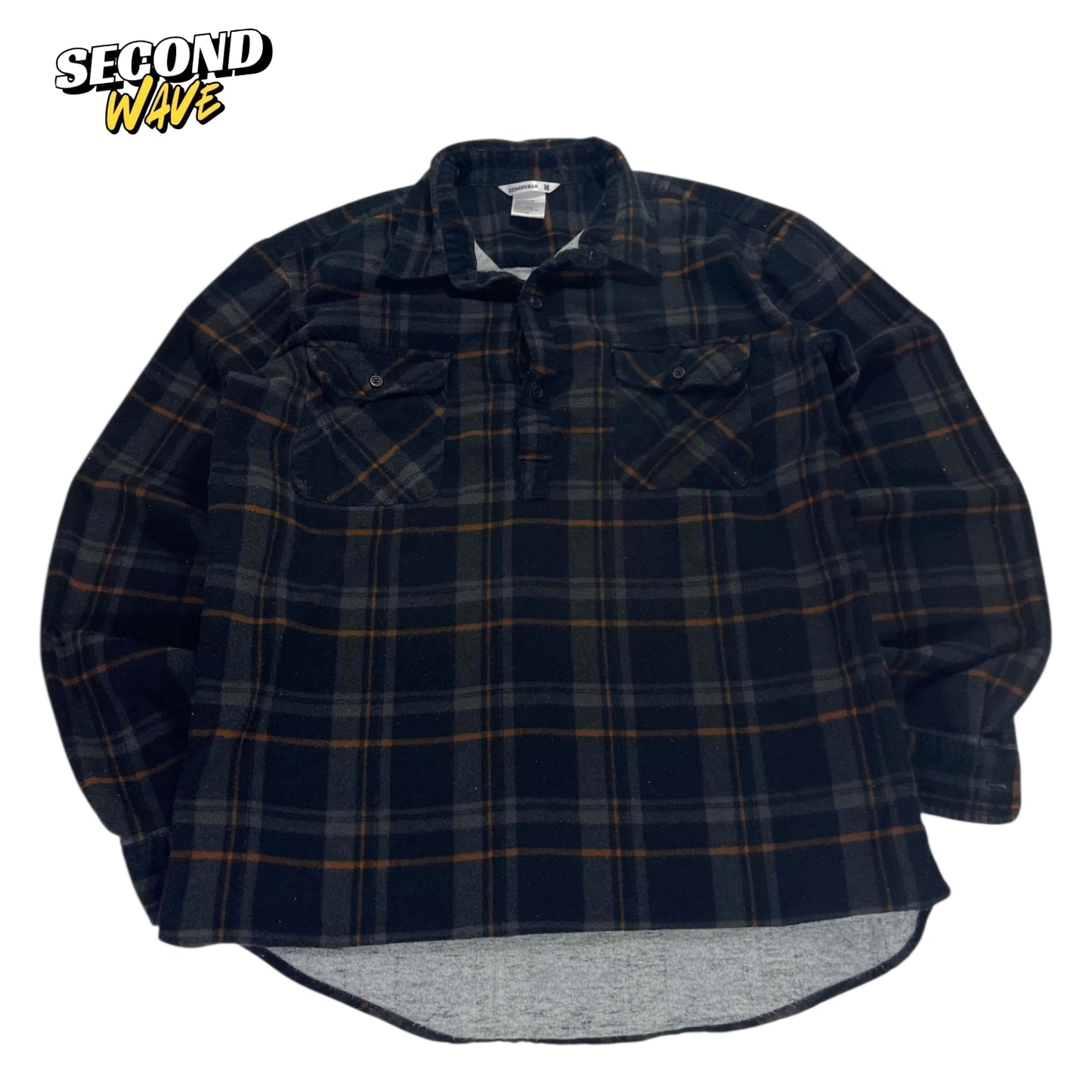 100% COTTON STRONGMAN BLACK PLAID BUTTON UP (M-L)