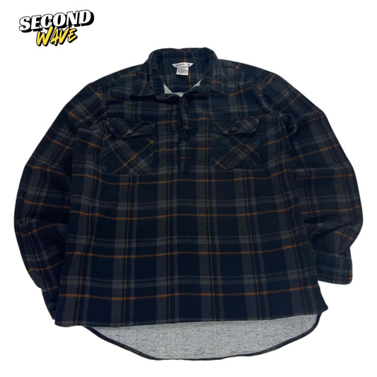 100% COTTON STRONGMAN BLACK PLAID BUTTON UP (M-L)