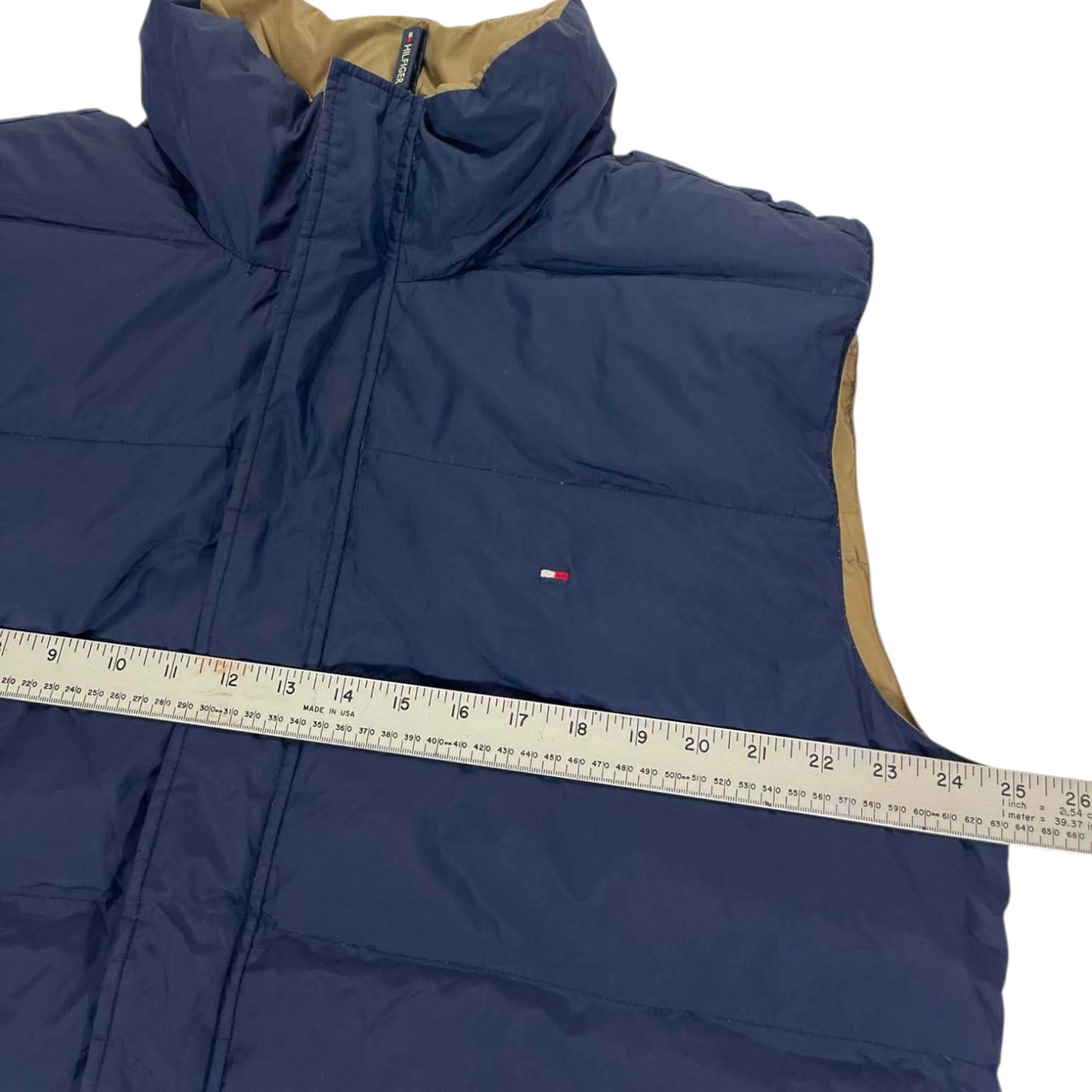 VINTAGE 2 IN 1 TOMMY HILFIGER NAVY AND TAN PUFFER VEST (L)