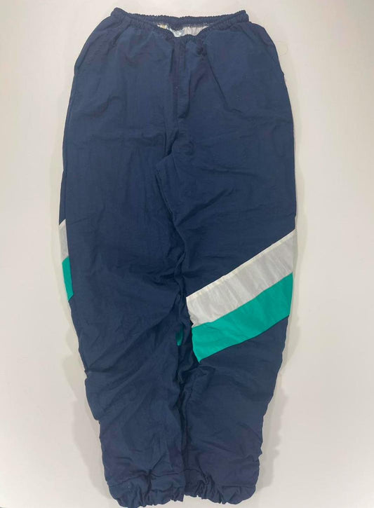 VINTAGE 90s NAVY BLUE TRACK PANTS WITH WHITE AND GREEN STRIPES (M-L)