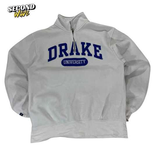 VINTAGE EMBROIDERED DRAKE UNIVERSITY GREY QUARTER ZIP SWEATSHIRT (S-M)