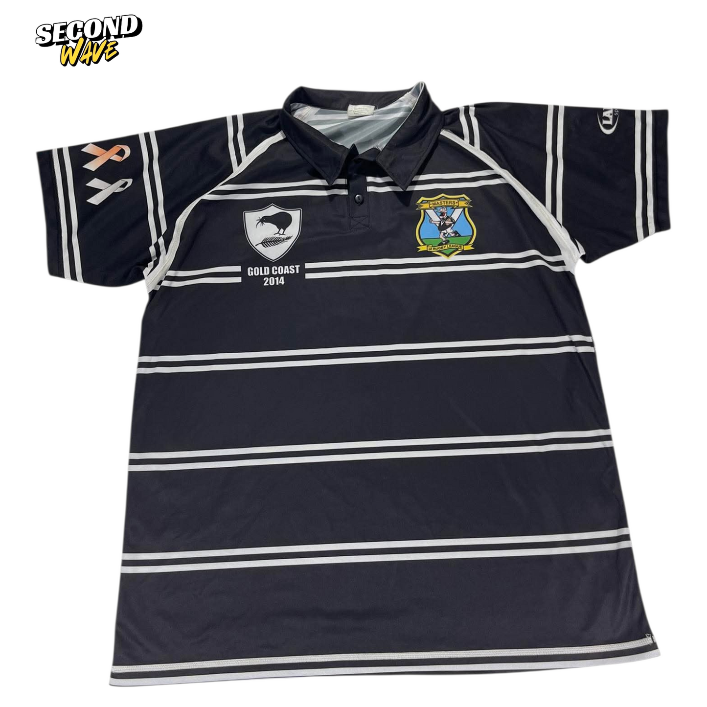 2014 GOLD COAST RUGBY LEAGUE BLACK & WHITE STRIPED POLO SHIRT (XL)