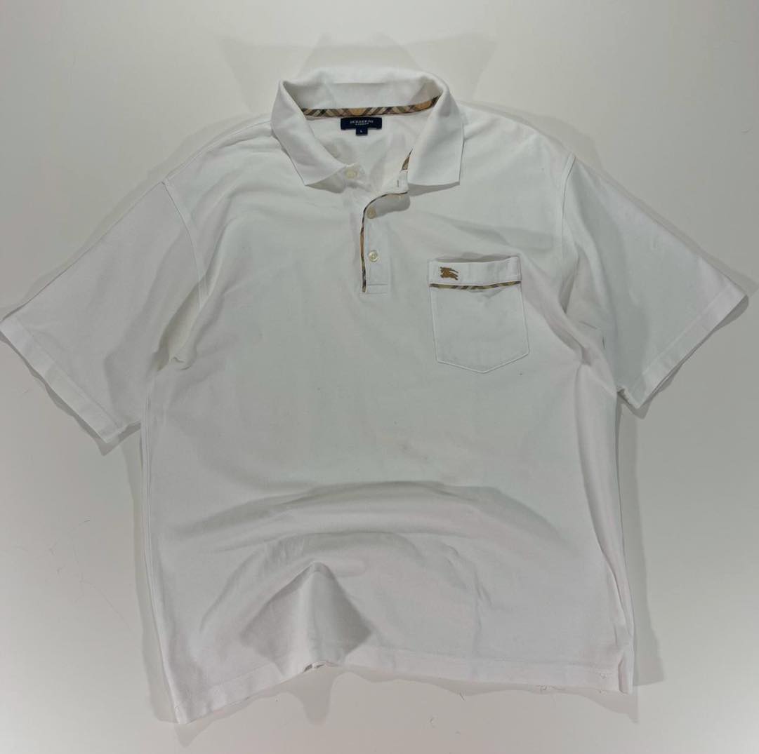 BURBERRY WHITE POLO SHIRT WITH CHECKERED COLLAR AND POCKET (L)