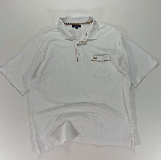BURBERRY WHITE POLO SHIRT WITH CHECKERED COLLAR AND POCKET (L)