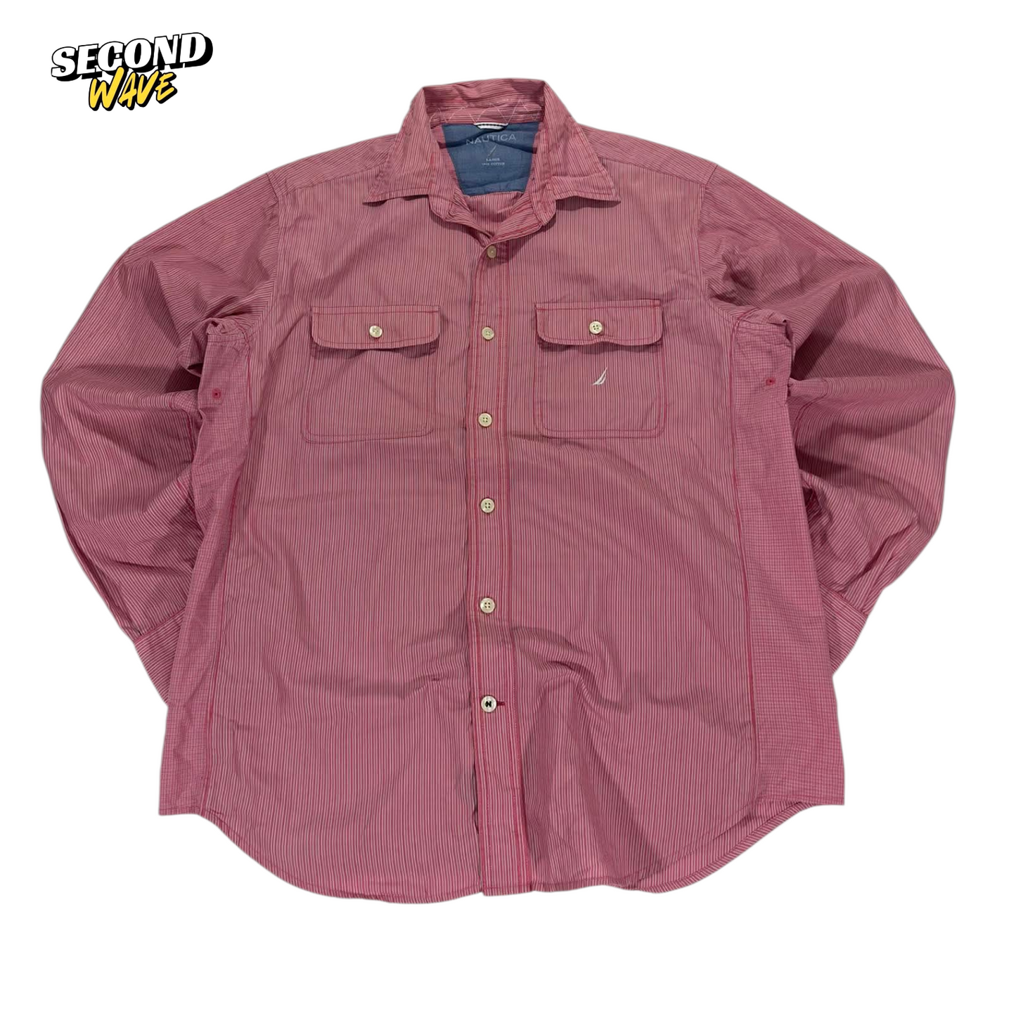 VINTAGE NAUTICA RED STRIPED BUTTON UP SHIRT (L)