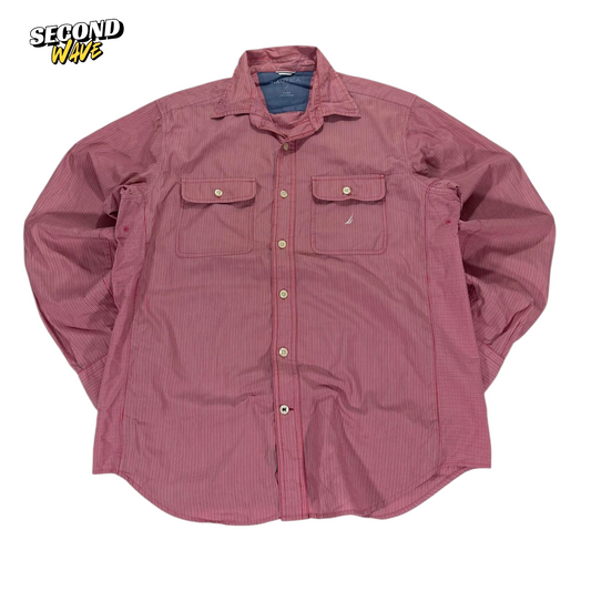 VINTAGE NAUTICA RED STRIPED BUTTON UP SHIRT (L)