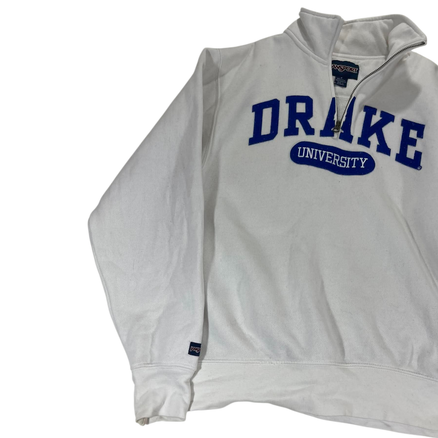 VINTAGE EMBROIDERED DRAKE UNIVERSITY GREY QUARTER ZIP SWEATSHIRT (S-M)