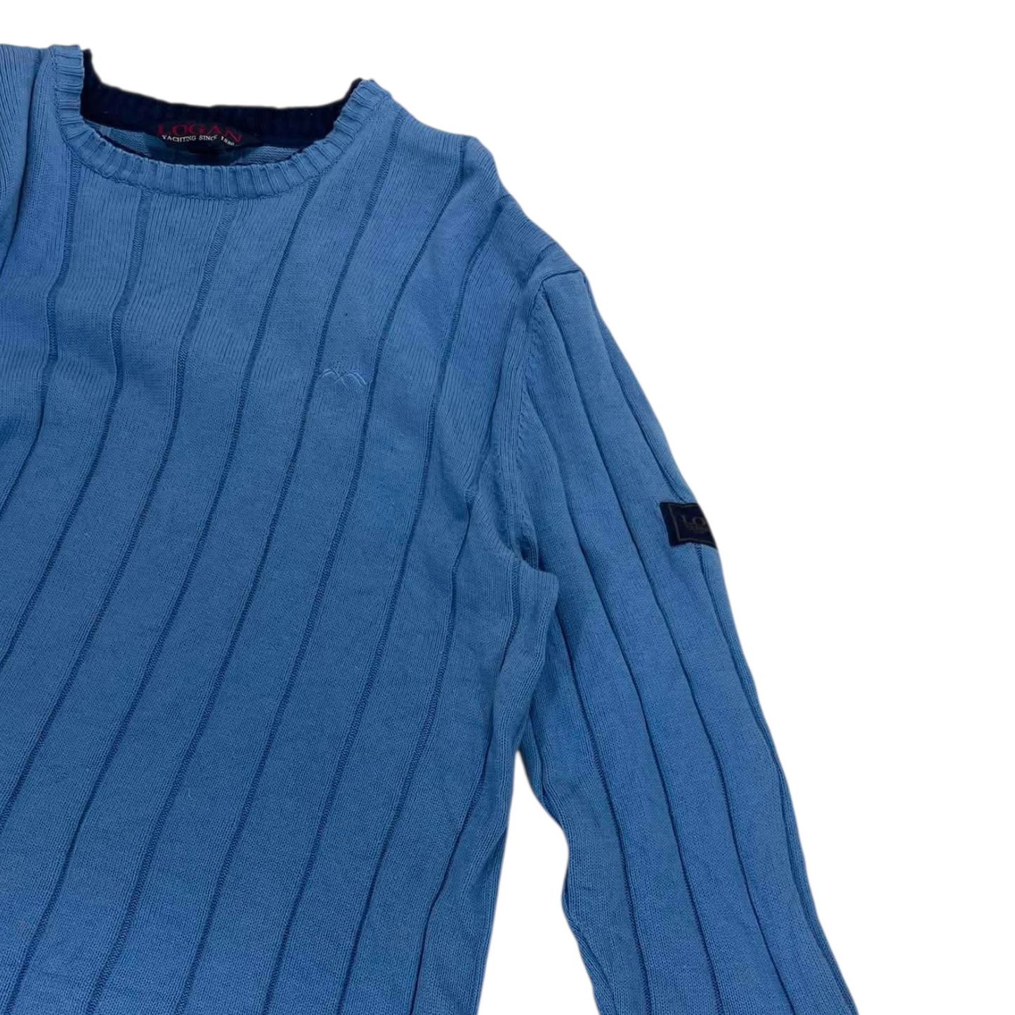 VINTAGE LOGAN BLUE RIBBED KNIT SWEATER (L)