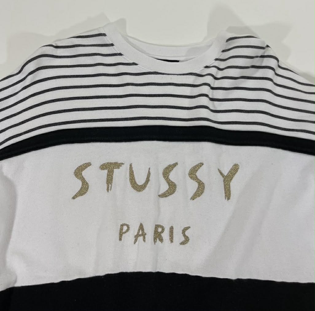 VINTAGE STUSSY BLACK + WHITE STRIPED LONG SLEEVED WITH GOLD GLITTER LOGO